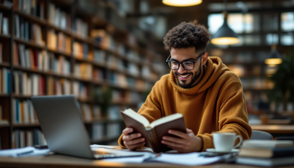 En 19-27-årig studerende står i et trygt studiemiljø, omgivet af bøger og laptop, der symboliserer en aktiv læringsoplevelse. Billedet formidler en følelse af sikkerhed og støtte, som mange dimittender søger, når de afslutter deres uddannelse og forbereder sig på arbejdsmarkedet.