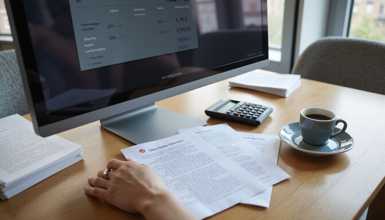 Et moderne kontor med en computer, dokumenter og en kaffekop.