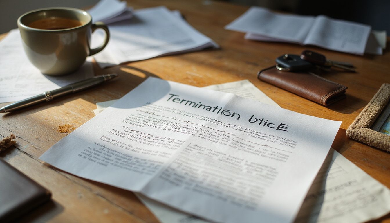 Et rodete skrivebord med en opsigelse og personlige genstande. Et rodete skrivebord med en opsigelse og personlige genstande.