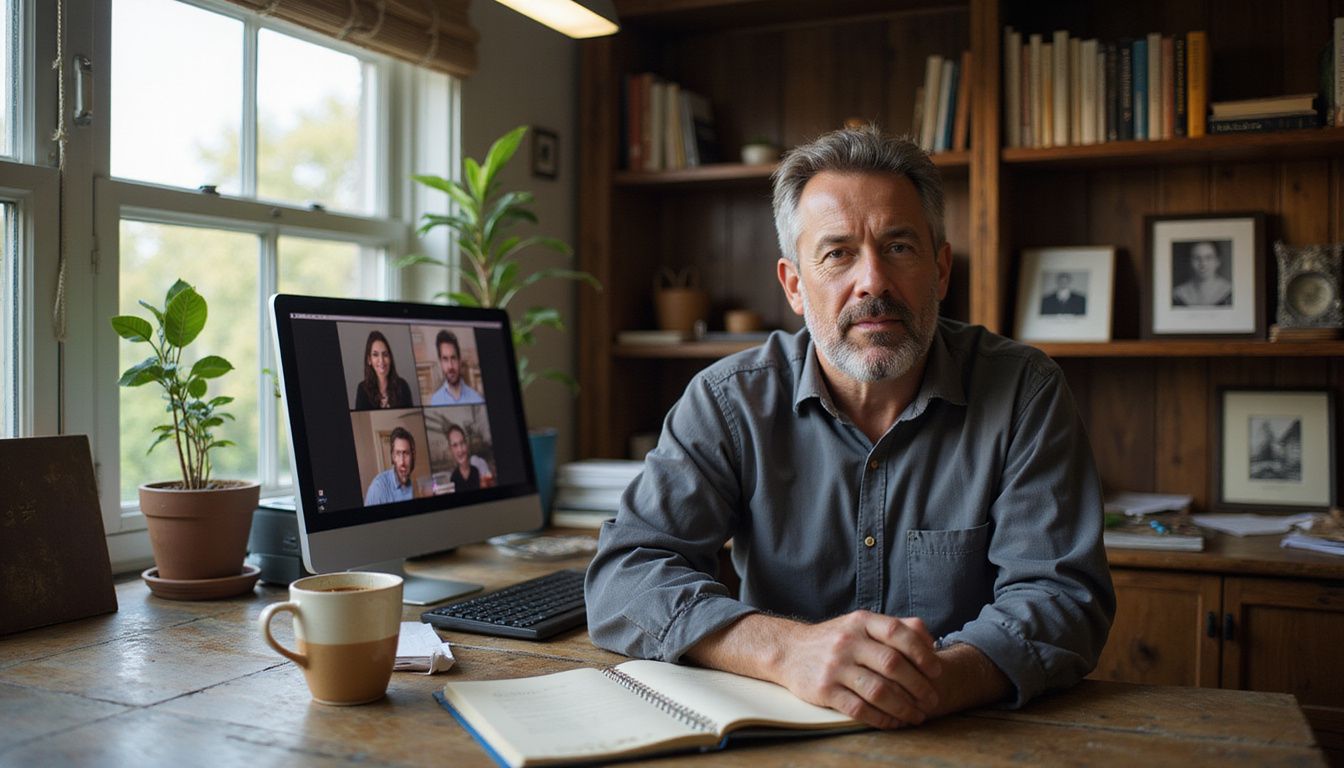 En professionel på cirka 48 år arbejder fokuseret ved sit hjemmekontor.