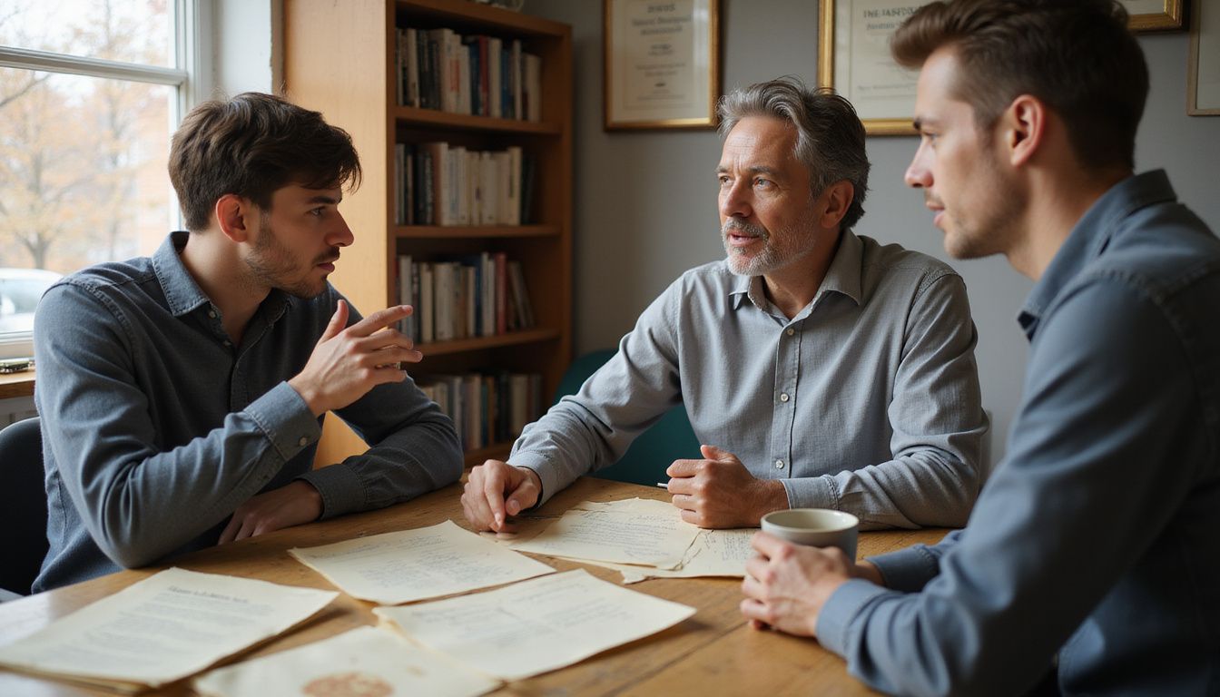 Karrierevejleder i dialog med en ung voksen i et kontormiljø.