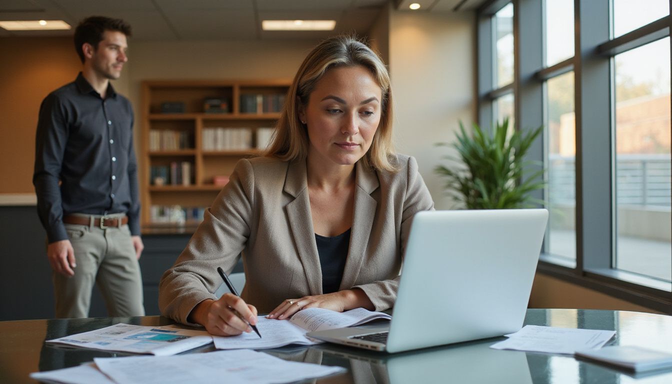 Kvinde i business casual gennemgår kursuskataloger ved sit skrivebord.