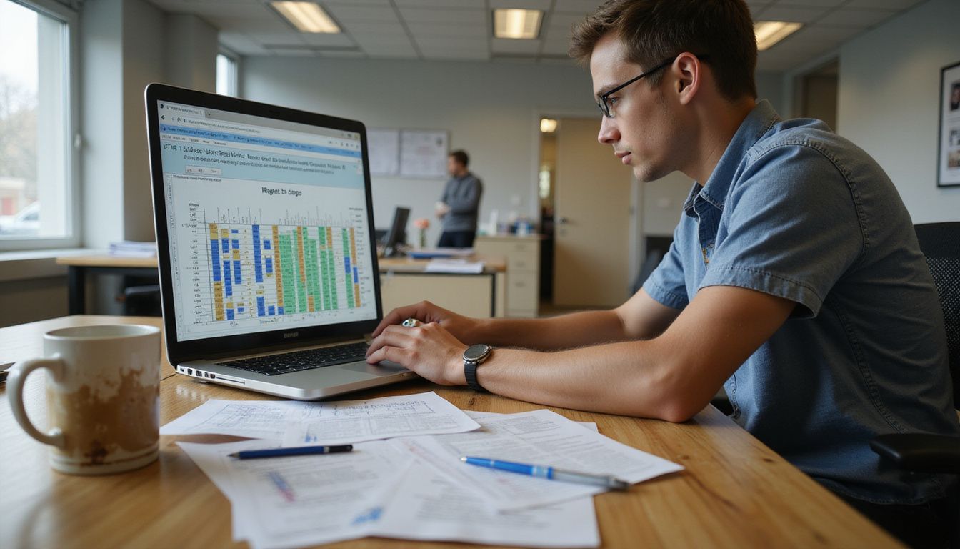 En ung voksen analyserer løndata ved et skrivebord på kontor.