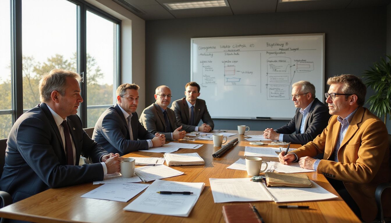 Fagfolk i dialog om projektledelse ved et konferencebord.