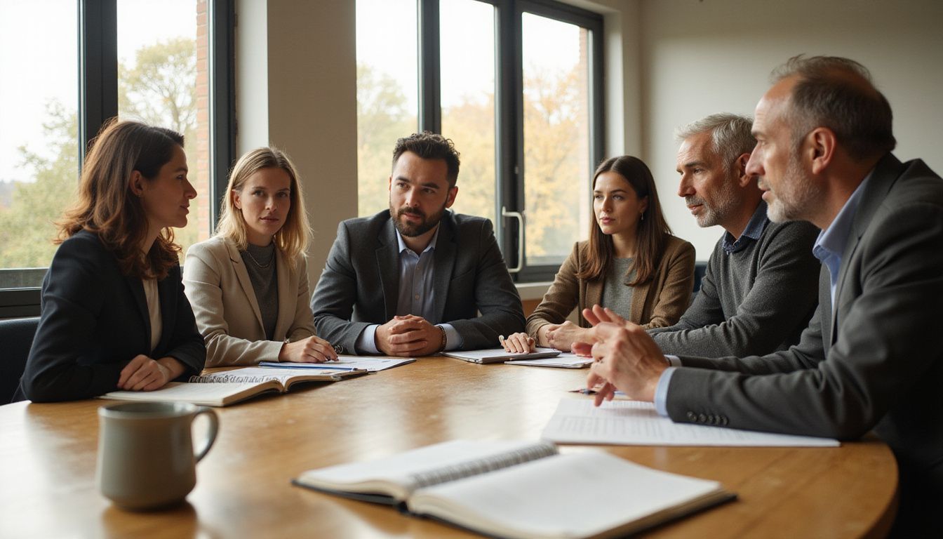 En gruppe professionelle deltager i en engageret diskussion ved et møde.