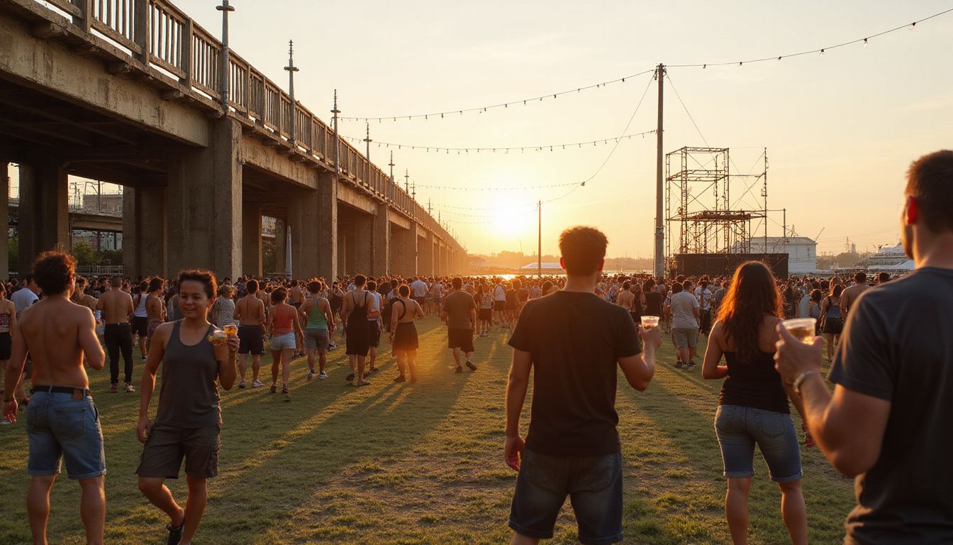 Livlig musikfestival ved vandet med glade gæster, tæt på en bro. Livlig musikfestival ved vandet med glade gæster, tæt på en bro.