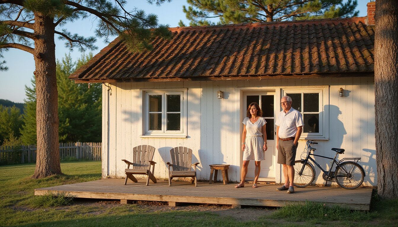 Sort træsommerhus i Marielyst omgivet af klitter og græs.