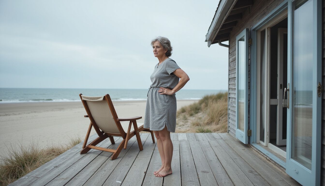 Midaldrende kvinde på træbro ved stranden i Skagen.