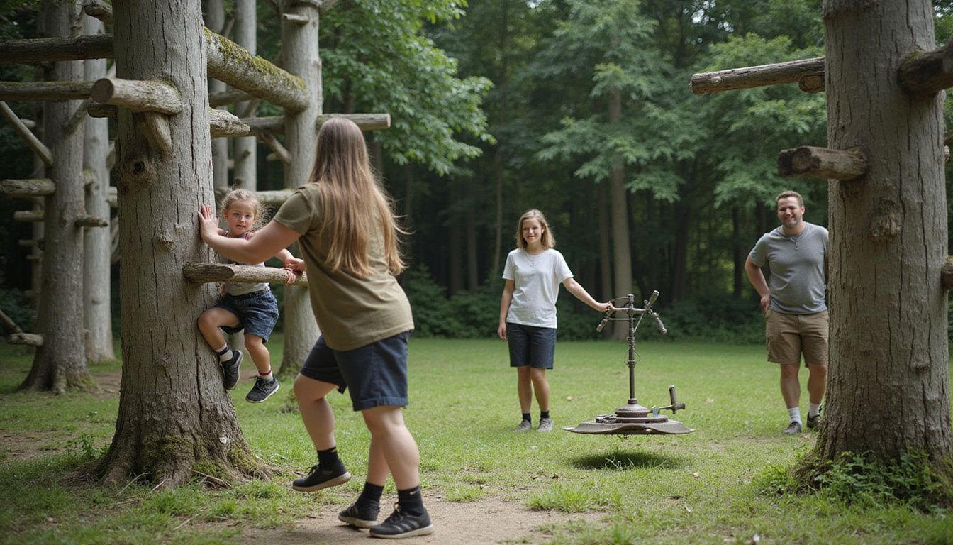 En familie leger i en skovpark med klatring og rutsjebaner.